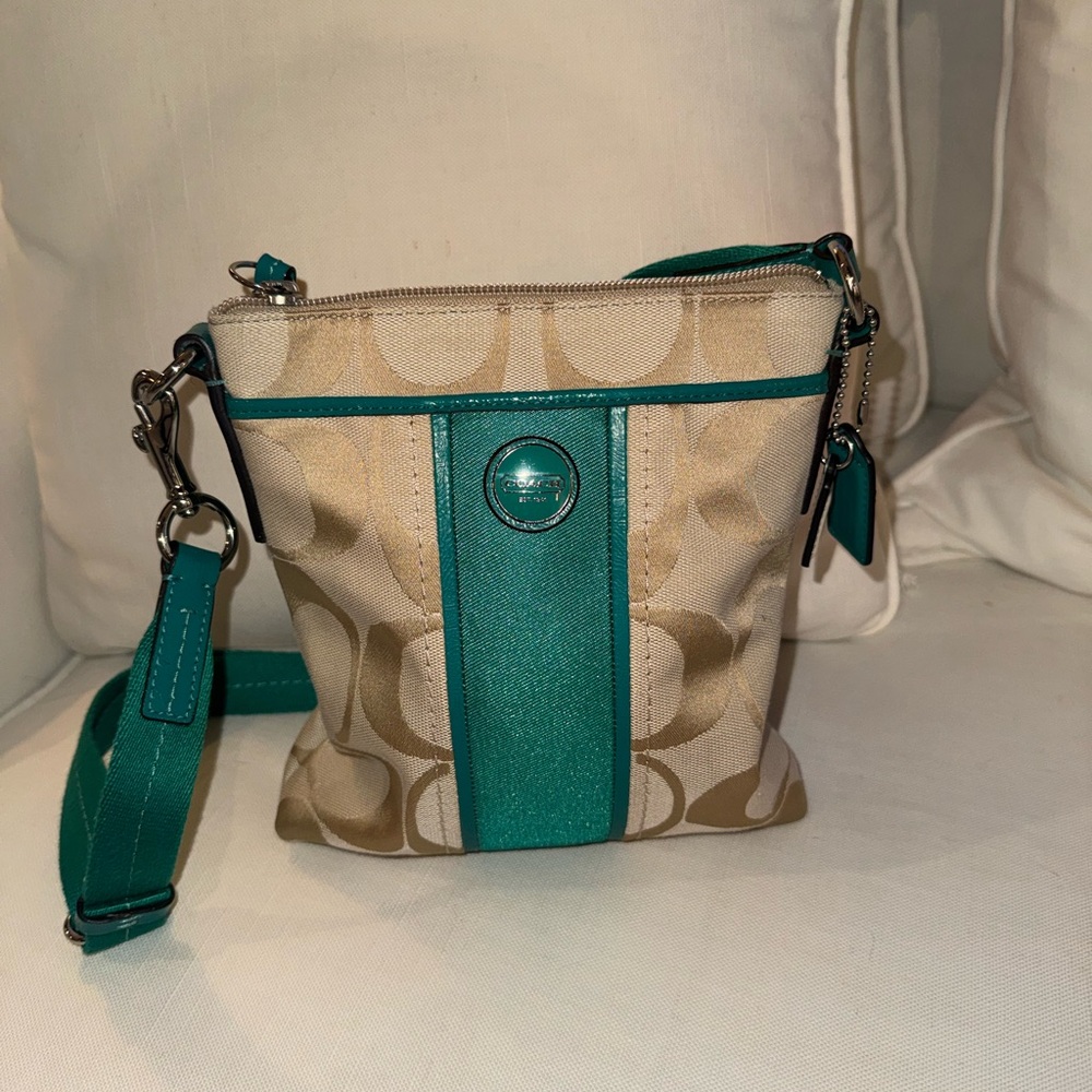 Coach Beige Signature Crossbody with Turquoise Trim
